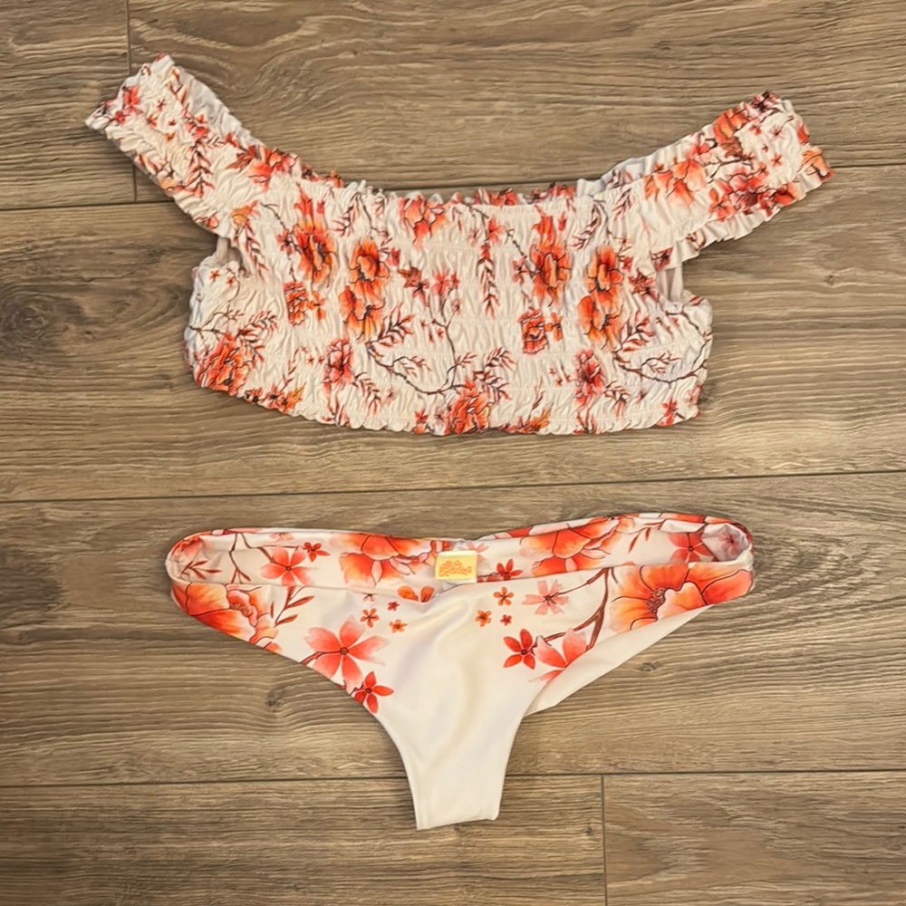 Agua Bendita Red and Orange Bikini Set with Ruffled Off-Shoulder Top